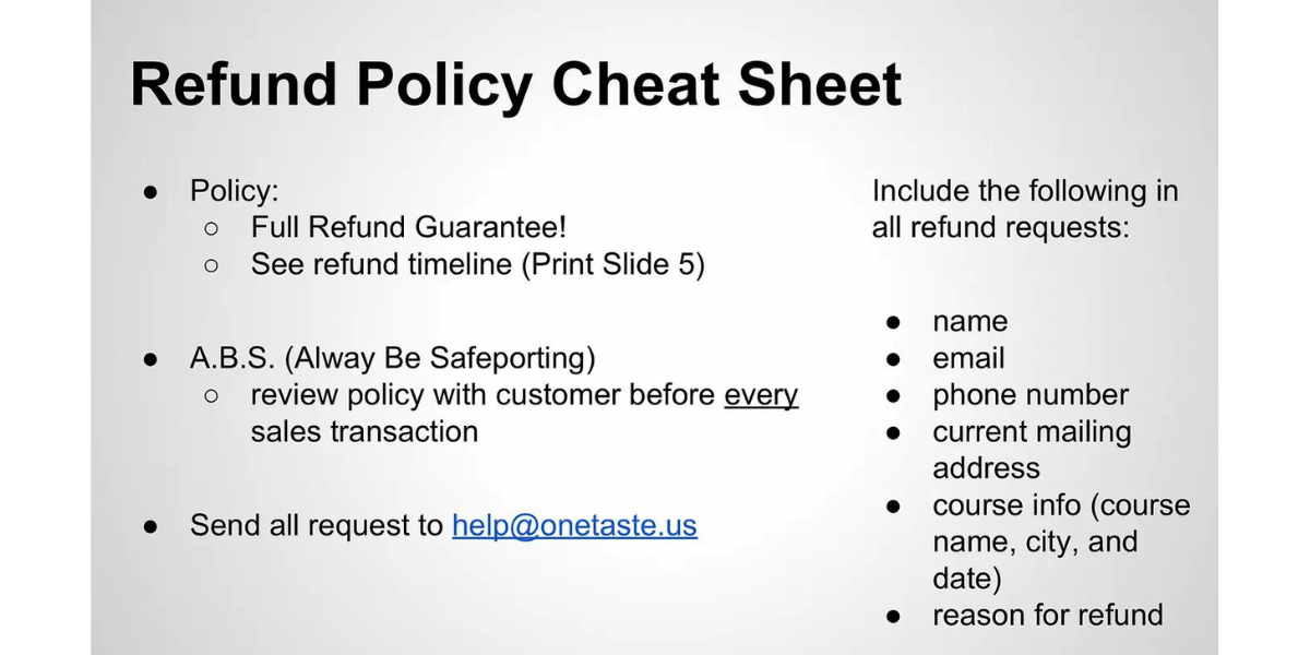 one taste refund policy cheat sheet